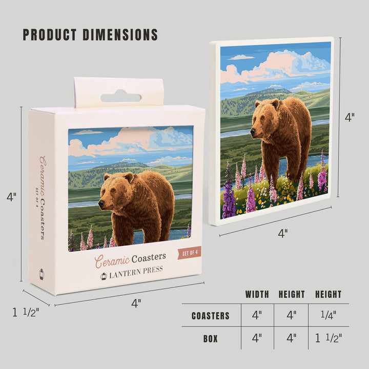 Painterly, Grizzly Bear in Meadow,, Coasters Coasters Lantern Press