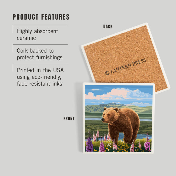 Painterly, Grizzly Bear in Meadow,, Coasters Coasters Lantern Press