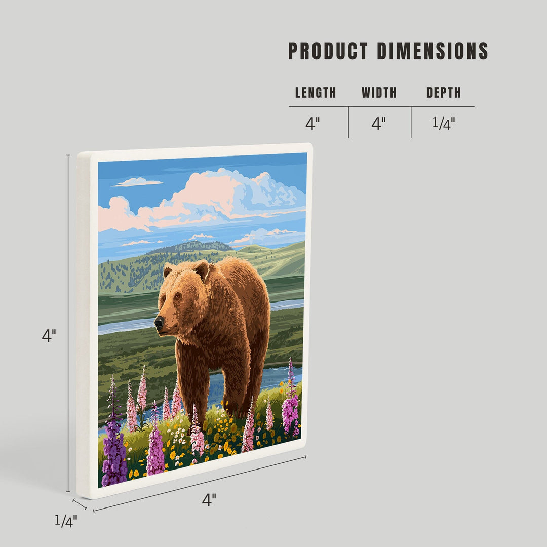 Painterly, Grizzly Bear in Meadow,, Coasters Coasters Lantern Press