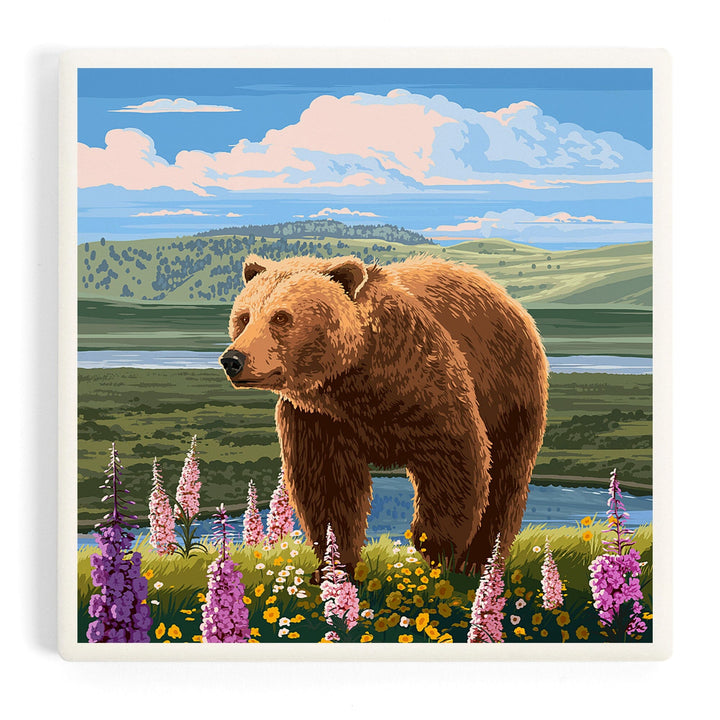 Painterly, Grizzly Bear in Meadow,, Coasters Coasters Lantern Press Coaster