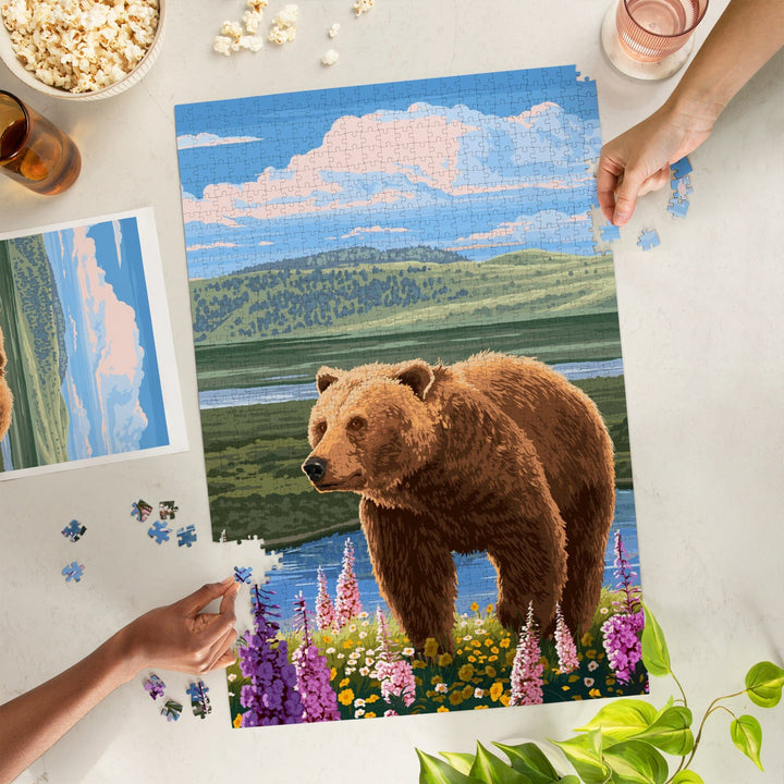 Painterly, Grizzly Bear in Meadow,, Jigsaw Puzzle Puzzle Lantern Press