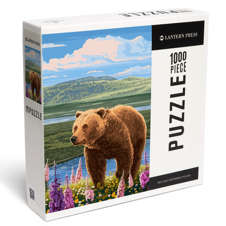 Painterly, Grizzly Bear in Meadow,, Jigsaw Puzzle Puzzle Lantern Press
