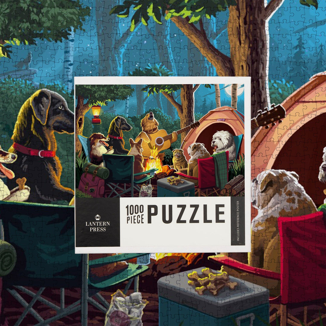 Painterly, Pack Life, Dogs Around Campfire, Jigsaw Puzzle Puzzle Lantern Press