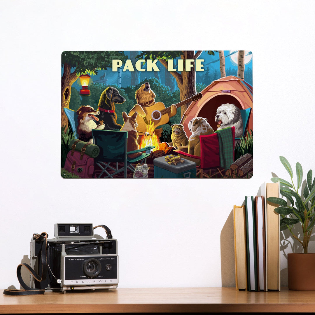 Painterly, Pack Life, Dogs Around Campfire, Sentiment, Metal Signs Metal Lantern Press