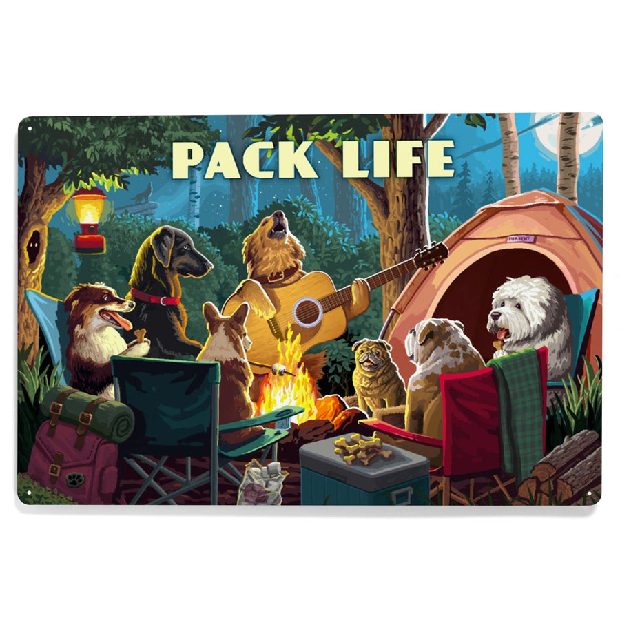 Painterly, Pack Life, Dogs Around Campfire, Sentiment, Metal Signs Metal Lantern Press