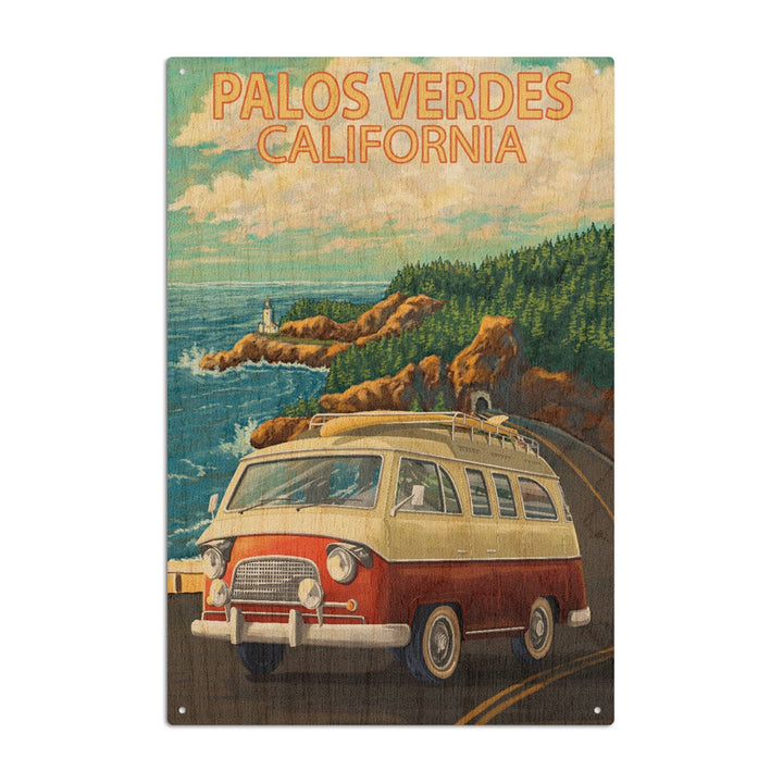 Palos Verdes, California, Camper Van, Lantern Press Artwork, Wood Signs and Postcards Wood Lantern Press 6x9 Wood Sign