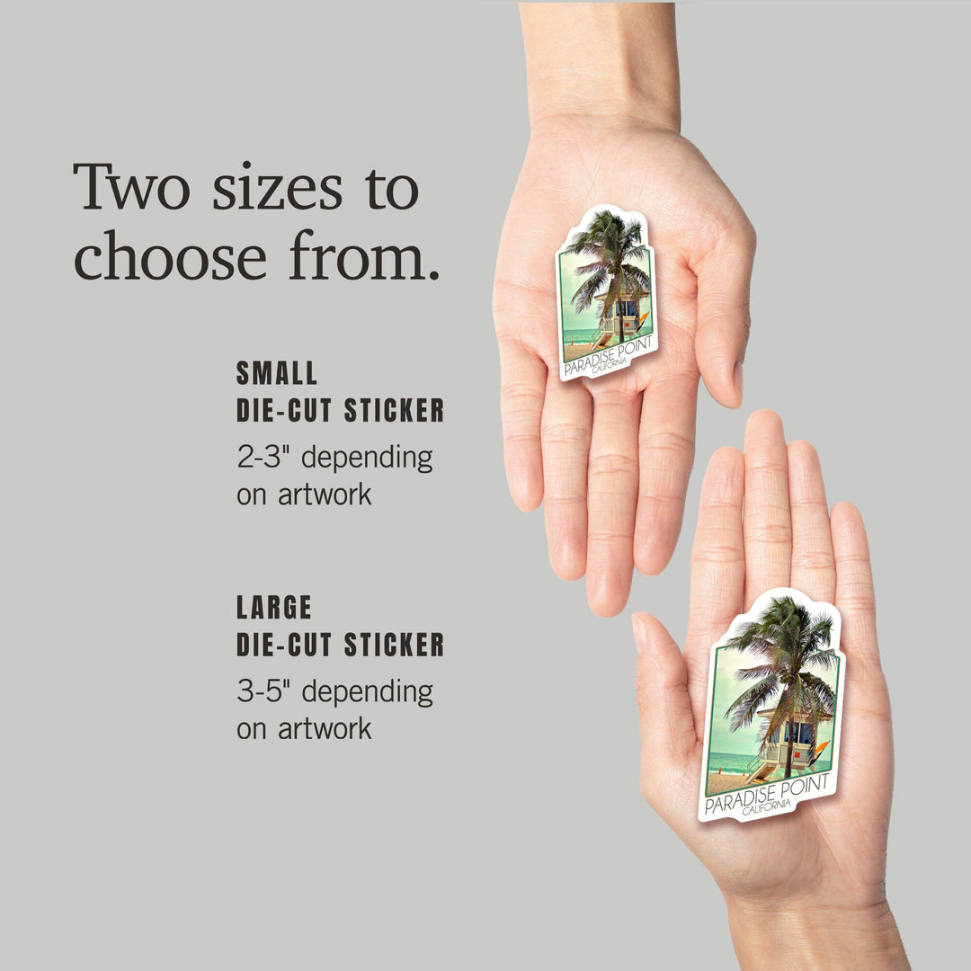 Paradise Point, California, Lifeguard Shack and Palm, Contour, Vinyl Sticker Sticker Lantern Press