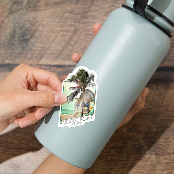 Paradise Point, California, Lifeguard Shack and Palm, Contour, Vinyl Sticker Sticker Lantern Press