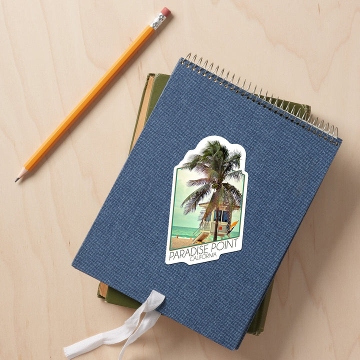 Paradise Point, California, Lifeguard Shack and Palm, Contour, Vinyl Sticker Sticker Lantern Press