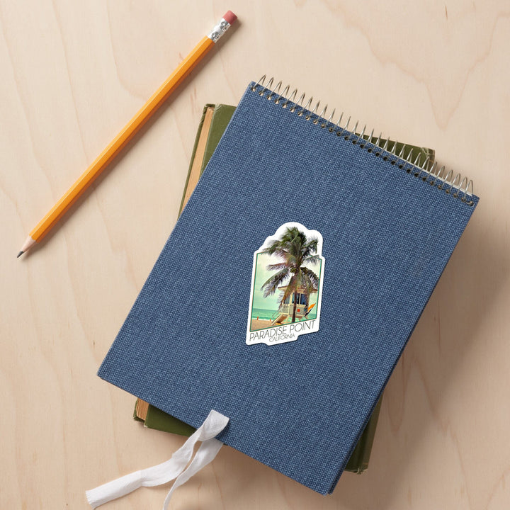 Paradise Point, California, Lifeguard Shack and Palm, Contour, Vinyl Sticker Sticker Lantern Press