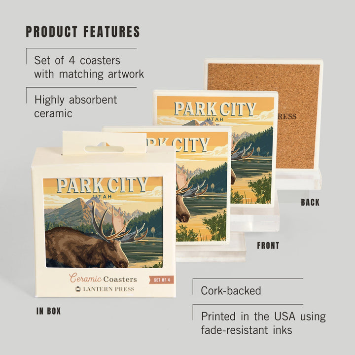 Park City, Utah, Painterly, Moose, Coasters Coasters Lantern Press