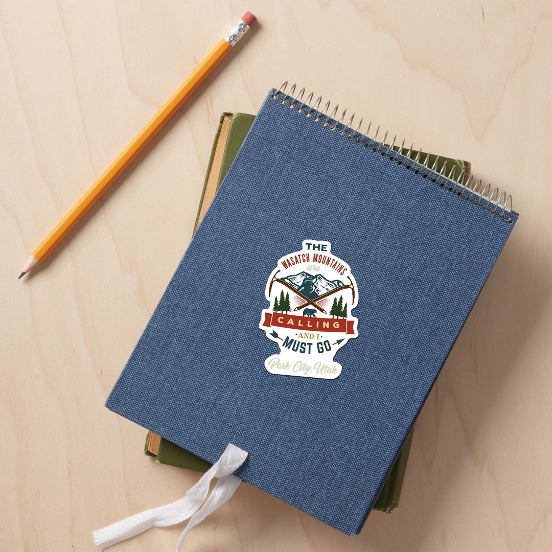 Park City, Utah, The Mountains are Calling, Bear & Mountain, Contour, Lantern Press Artwork, Vinyl Sticker Sticker Lantern Press