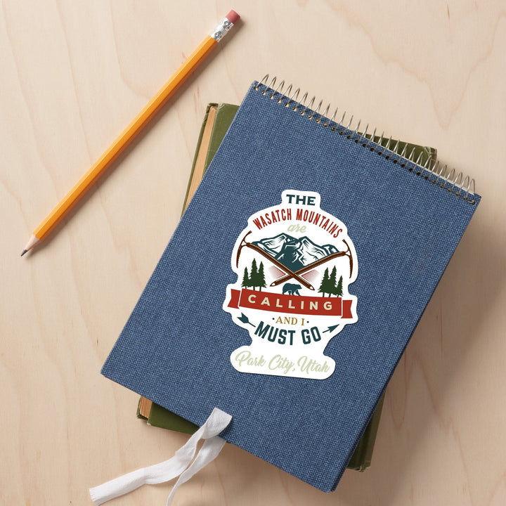 Park City, Utah, The Mountains are Calling, Bear & Mountain, Contour, Lantern Press Artwork, Vinyl Sticker Sticker Lantern Press