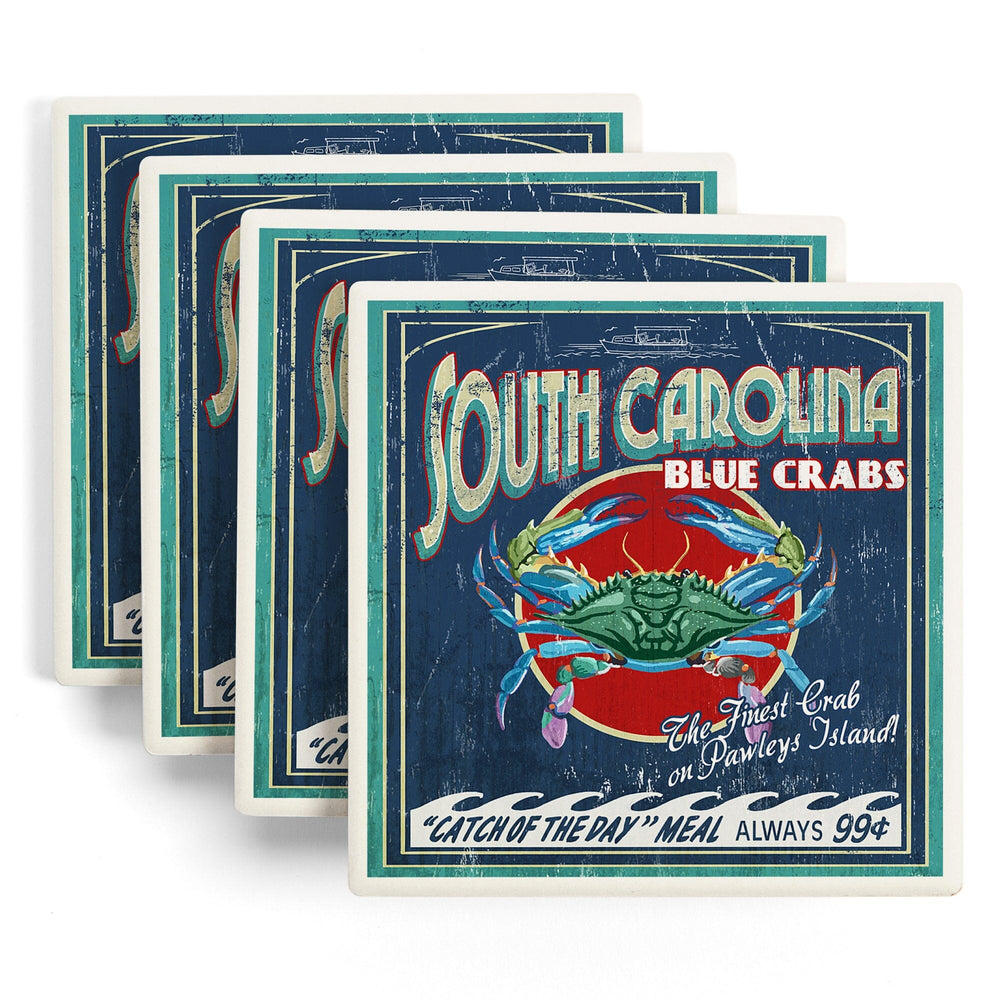 Pawleys Island, South Carolina, Blue Crabs Vintage Sign, Coasters Coasters Lantern Press