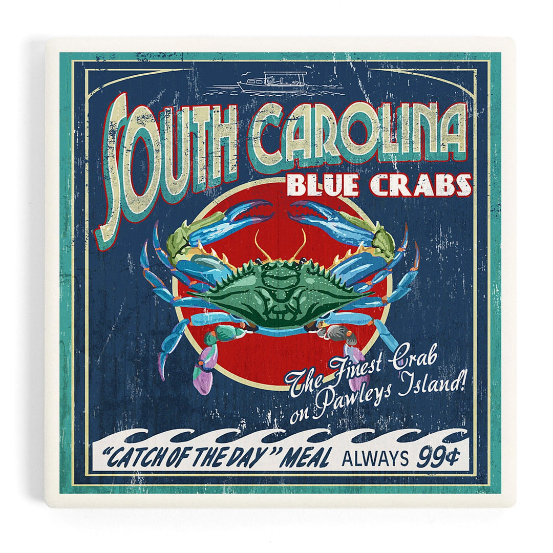 Pawleys Island, South Carolina, Blue Crabs Vintage Sign, Coasters Coasters Lantern Press Coaster