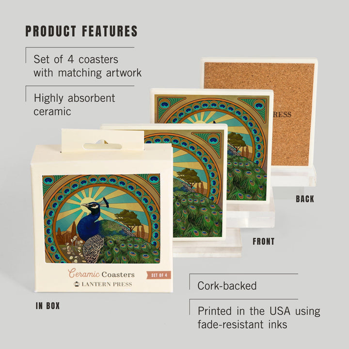 Peacock, Art Nouveau, Coasters Coasters Lantern Press