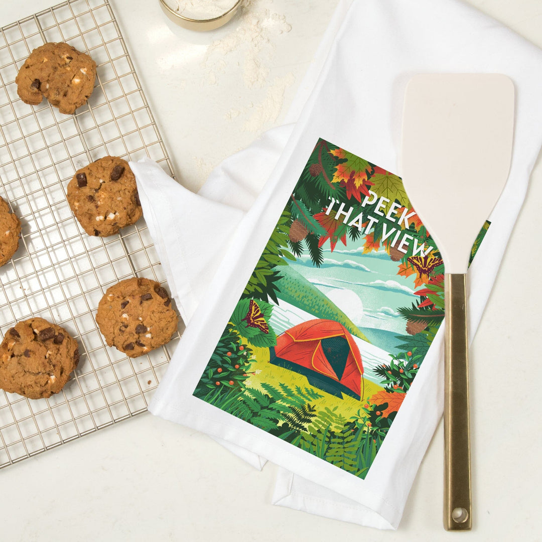 Peek That View, Tent Camping, Fall Colors, Organic Cotton Kitchen Tea Towels Kitchen Lantern Press