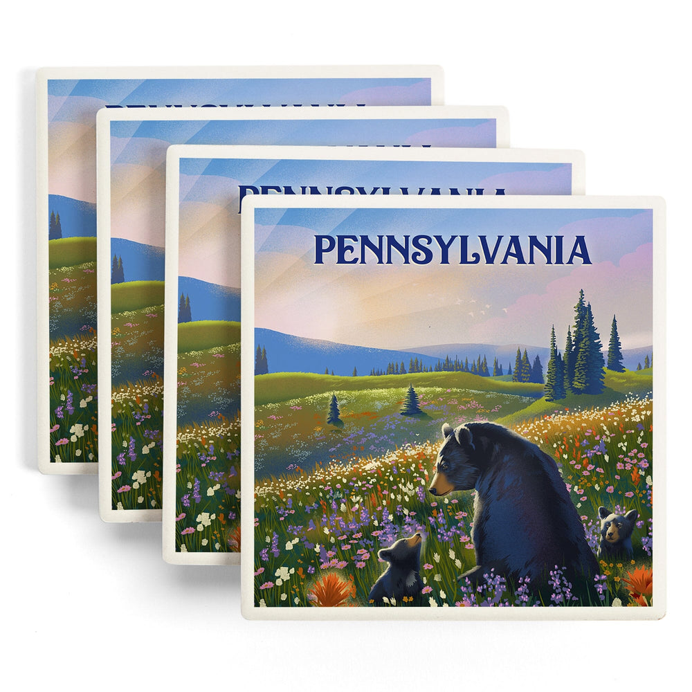 Pennsylvania, Lithograph, Bear Family in Field, Coasters Coasters Lantern Press