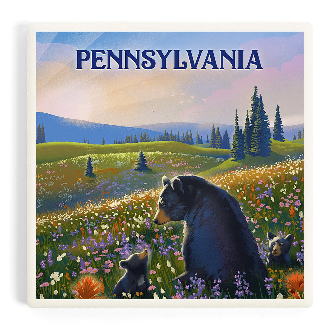 Pennsylvania, Lithograph, Bear Family in Field, Coasters Coasters Lantern Press
