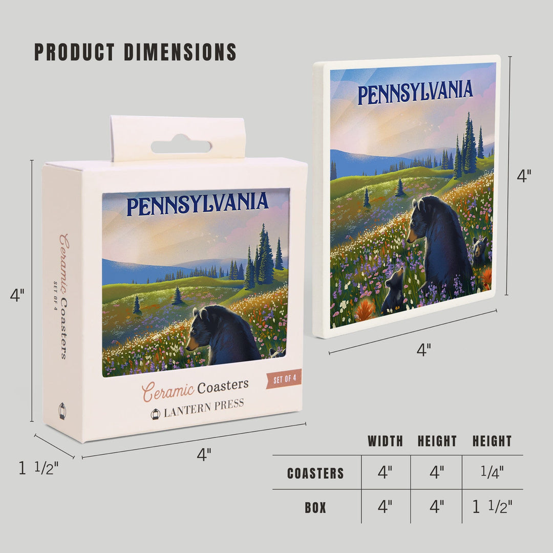 Pennsylvania, Lithograph, Bear Family in Field, Coasters Coasters Lantern Press