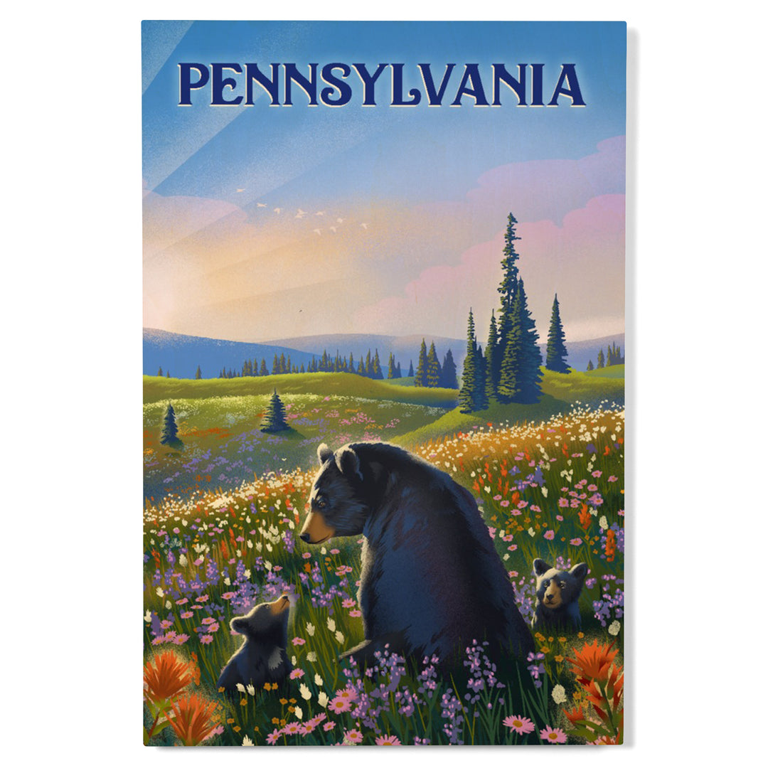 Pennsylvania, Lithograph, Bear Family in Field, Wood Signs and Postcards Wood Lantern Press