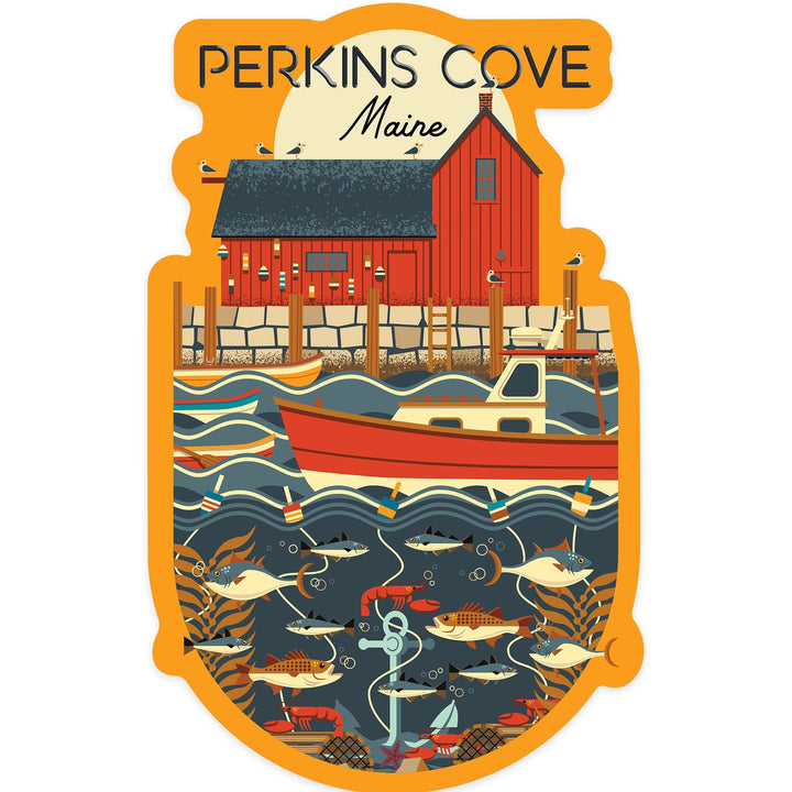 Perkins Cove, Maine, Nautical Geometric, Contour, Lantern Press Artwork, Vinyl Sticker Sticker Lantern Press