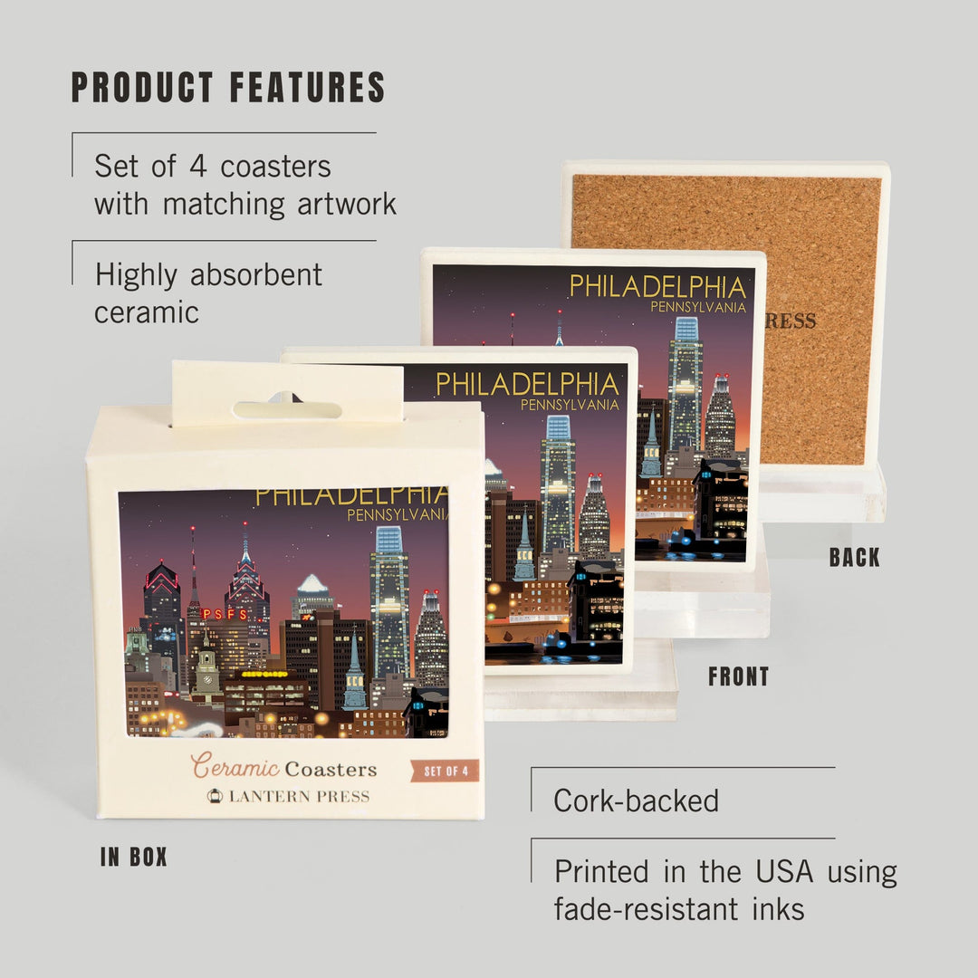 Philadelphia, Pennsylvania, Photography, Skyline at Night, Coasters Coasters Lantern Press