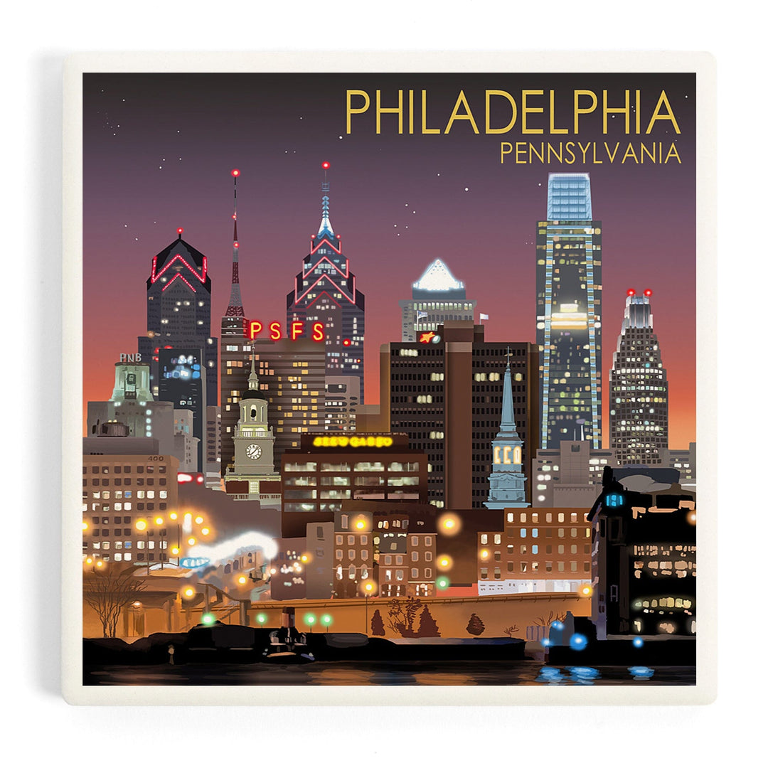 Philadelphia, Pennsylvania, Photography, Skyline at Night, Coasters Coasters Lantern Press Coaster