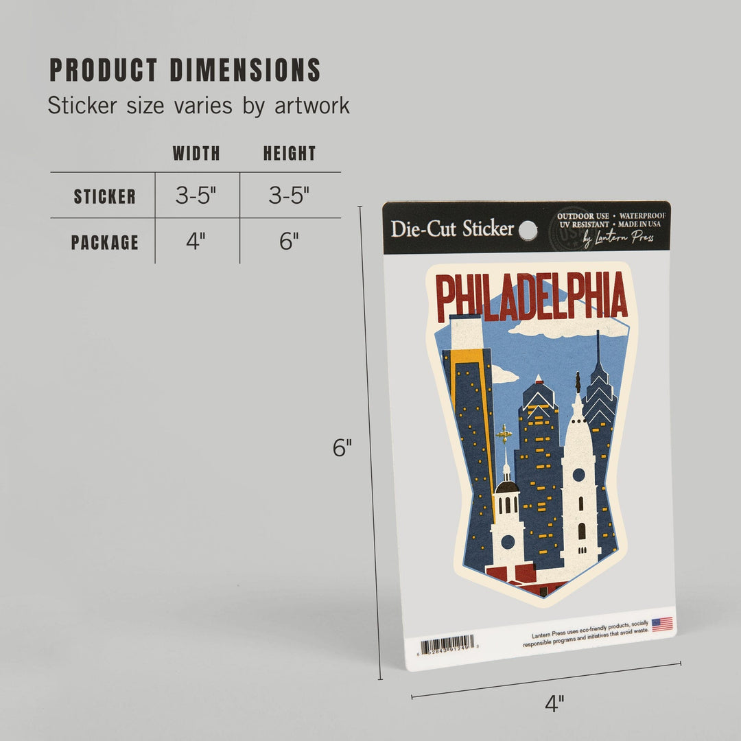 Philadelphia, Pennsylvania, Woodblock, Contour, Lantern Press Artwork, Vinyl Sticker Sticker Lantern Press