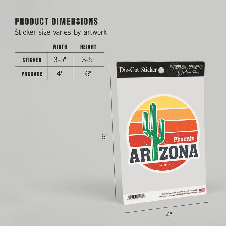 Phoenix, Arizona, Sun & Cactus, Contour, Vinyl Sticker Sticker Lantern Press