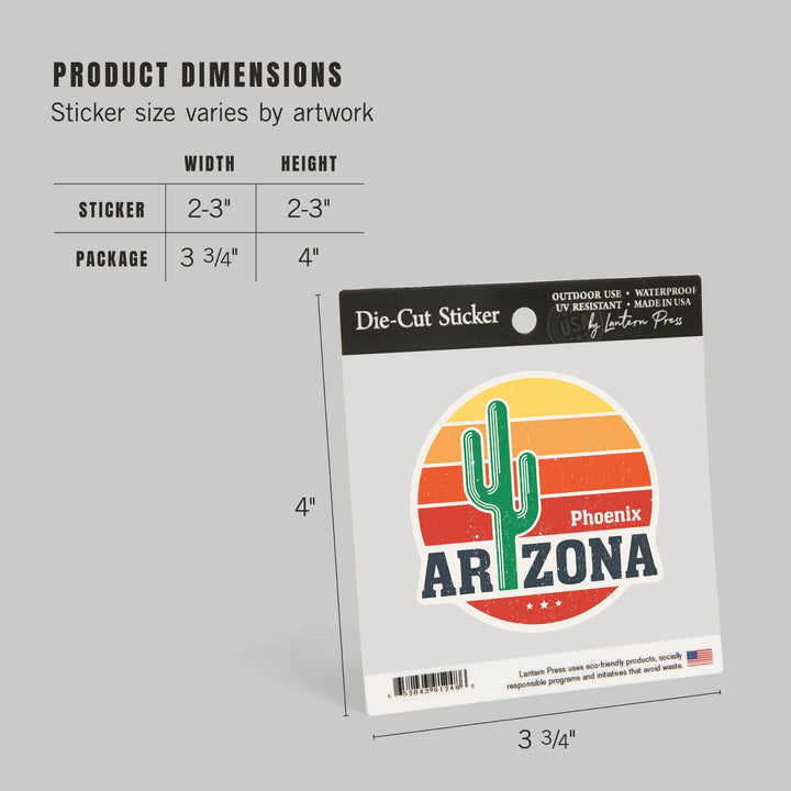 Phoenix, Arizona, Sun & Cactus, Contour, Vinyl Sticker Sticker Lantern Press