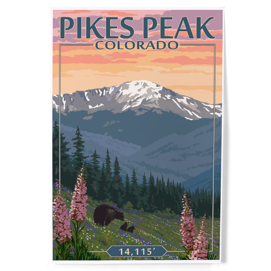 Pikes Peak, Colorado, Bear and Spring Flowers, Art & Giclee Prints Art Lantern Press