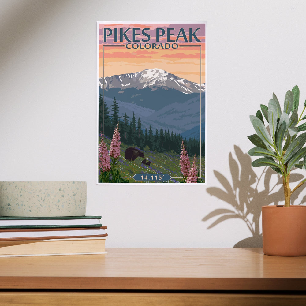 Pikes Peak, Colorado, Bear and Spring Flowers, Art & Giclee Prints Art Lantern Press