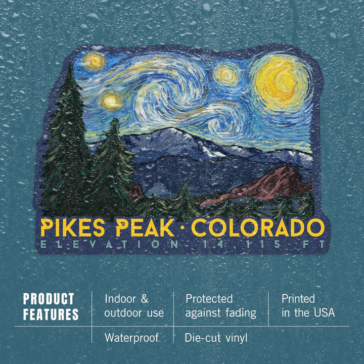 Pikes Peak, Colorado, Elevation, Starry Night, Contour, Lantern Press Artwork, Vinyl Sticker Sticker Lantern Press