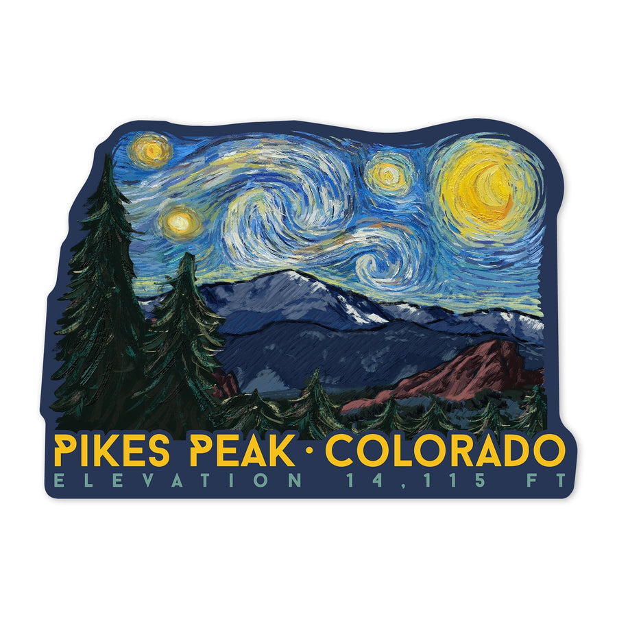 Pikes Peak, Colorado, Elevation, Starry Night, Contour, Lantern Press Artwork, Vinyl Sticker Sticker Lantern Press 