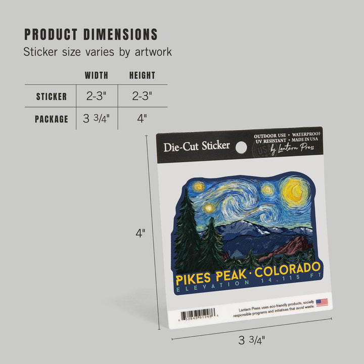 Pikes Peak, Colorado, Elevation, Starry Night, Contour, Lantern Press Artwork, Vinyl Sticker Sticker Lantern Press