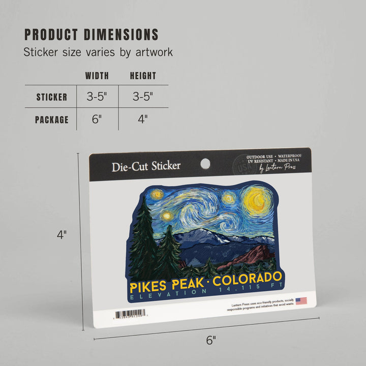 Pikes Peak, Colorado, Elevation, Starry Night, Contour, Lantern Press Artwork, Vinyl Sticker Sticker Lantern Press
