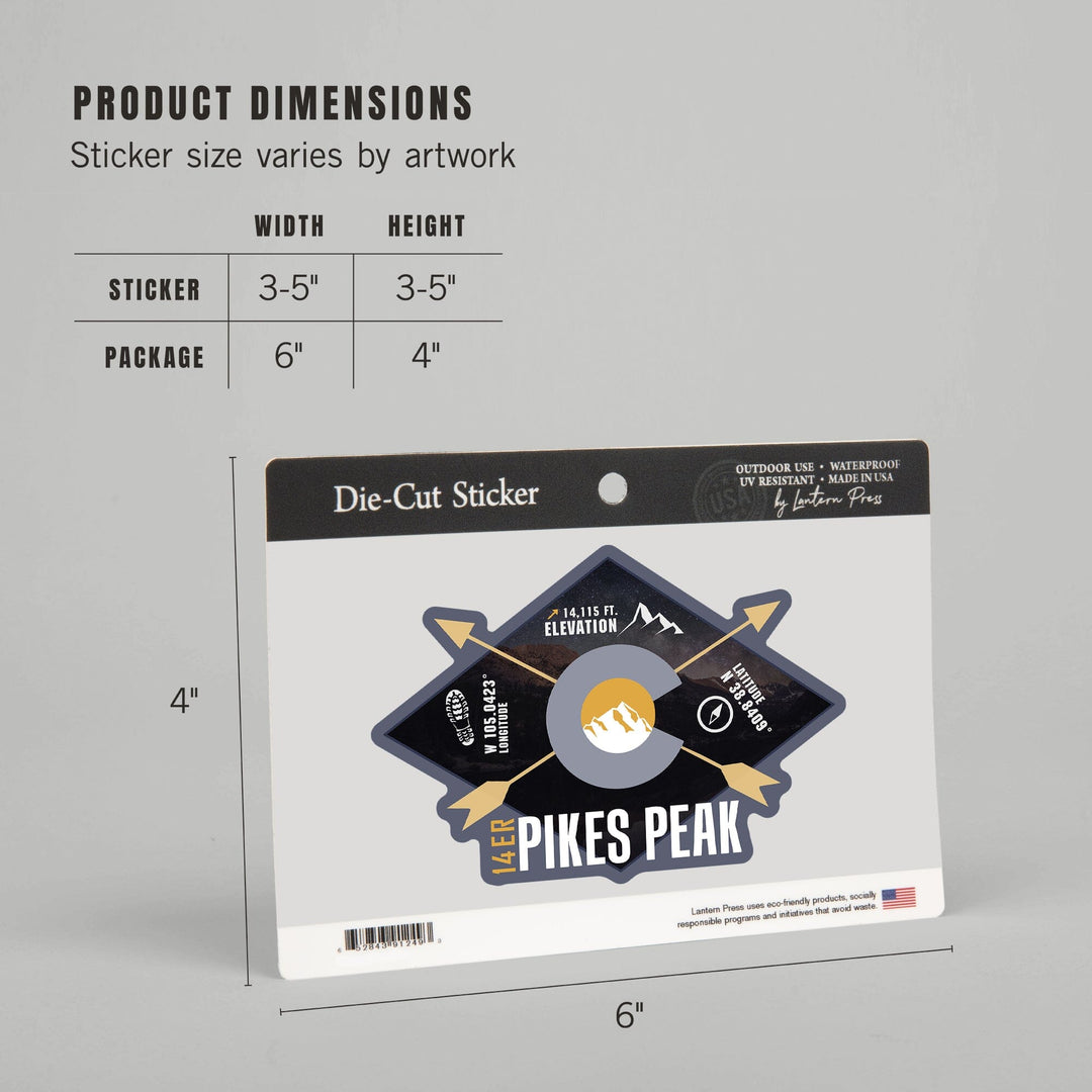 Pikes Peak, Colorado, Infographic, The Fourteeners, Contour, Lantern Press Artwork, Vinyl Sticker Sticker Lantern Press