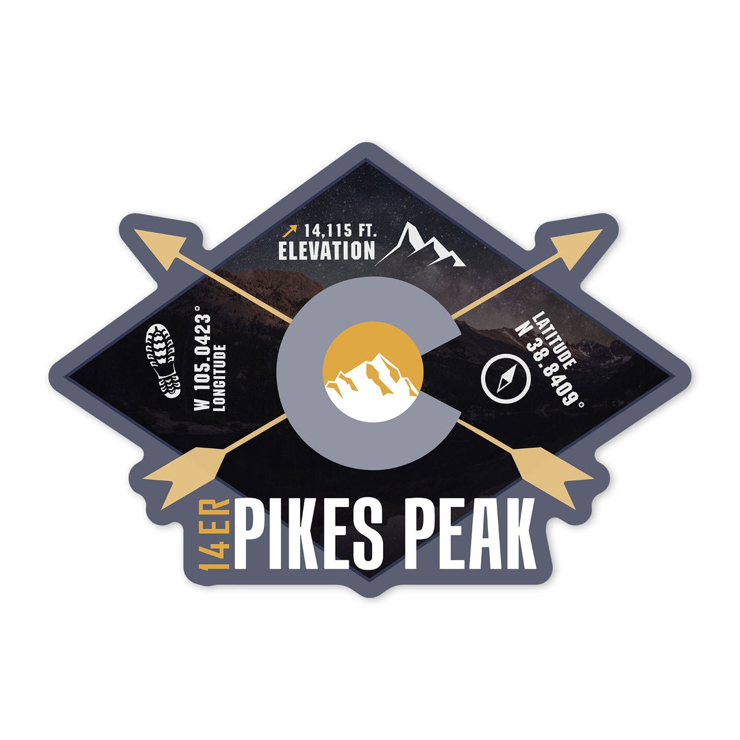 Pikes Peak, Colorado, Infographic, The Fourteeners, Contour, Lantern Press Artwork, Vinyl Sticker Sticker Lantern Press
