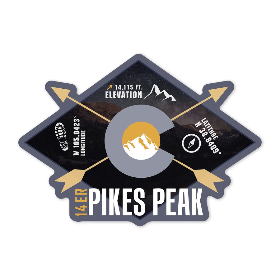 Pikes Peak, Colorado, Infographic, The Fourteeners, Contour, Lantern Press Artwork, Vinyl Sticker Sticker Lantern Press