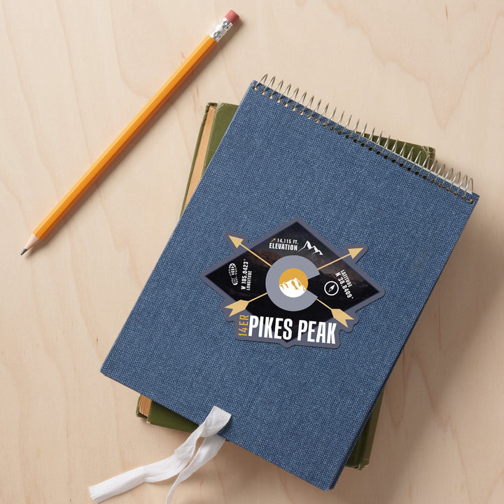 Pikes Peak, Colorado, Infographic, The Fourteeners, Contour, Lantern Press Artwork, Vinyl Sticker Sticker Lantern Press