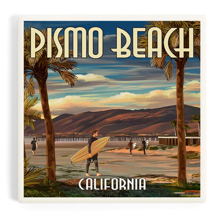 Pismo Beach, California, Surfer and Pier, Coasters Coasters Lantern Press