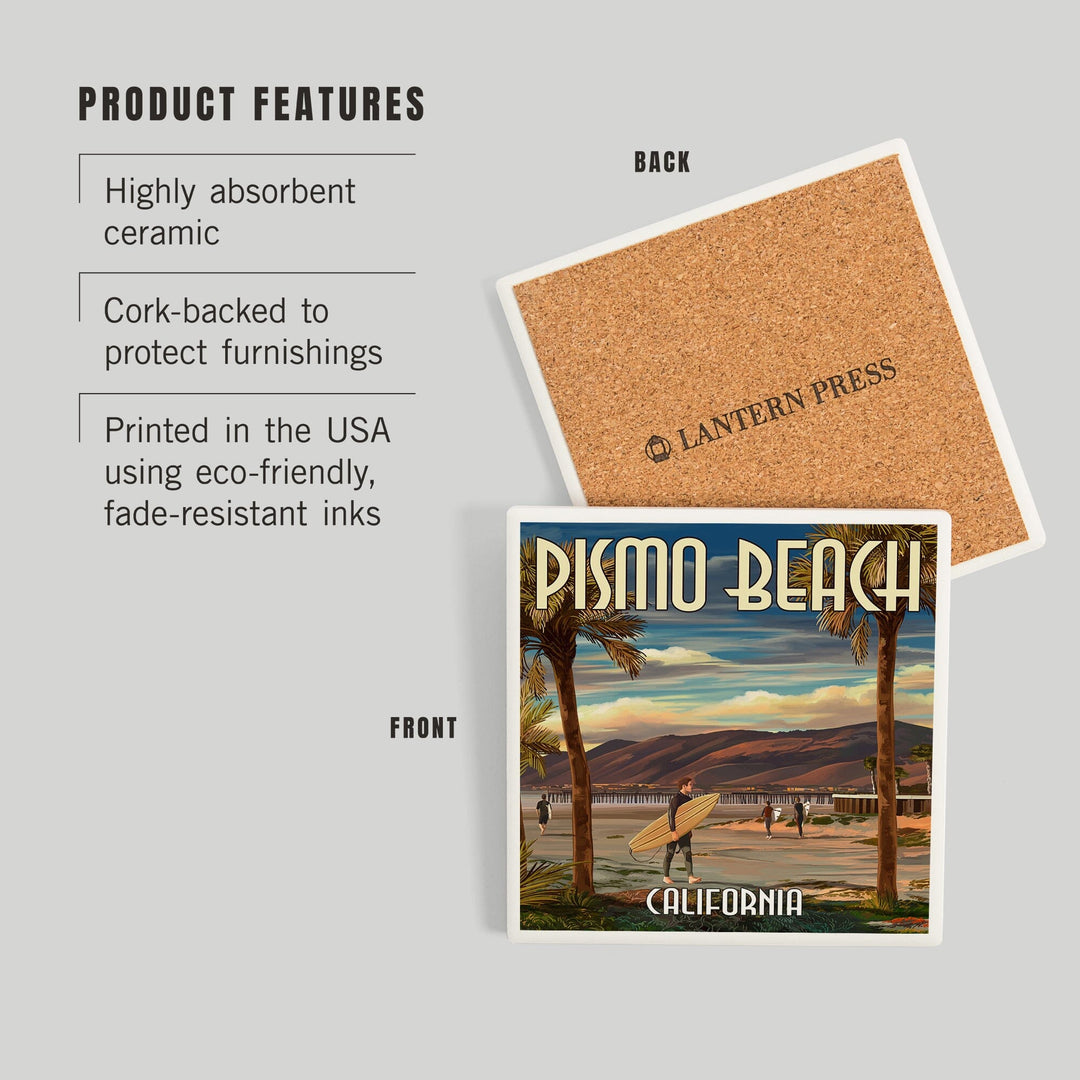 Pismo Beach, California, Surfer and Pier, Coasters Coasters Lantern Press