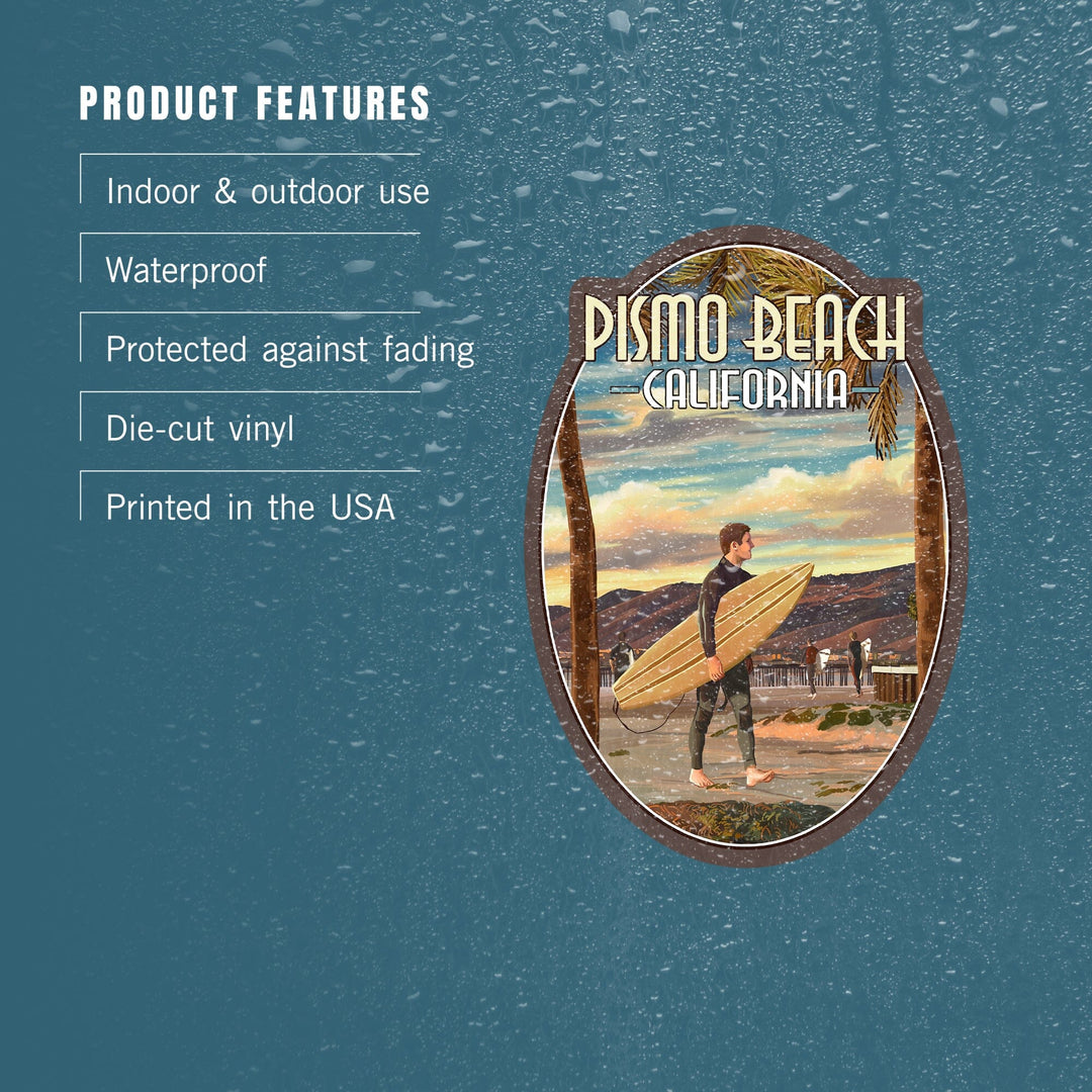 Pismo Beach, California, Surfer and Pier, Contour, Vinyl Sticker Sticker Lantern Press