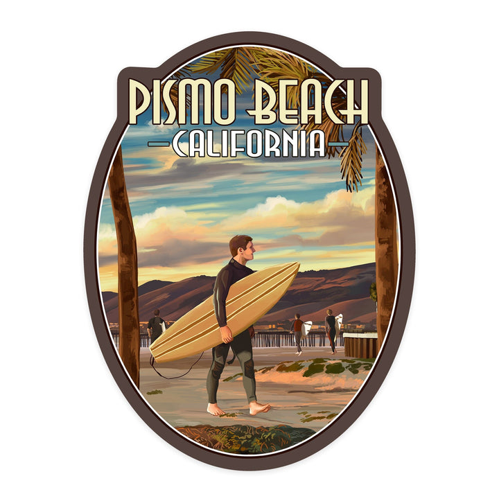 Pismo Beach, California, Surfer and Pier, Contour, Vinyl Sticker Sticker Lantern Press