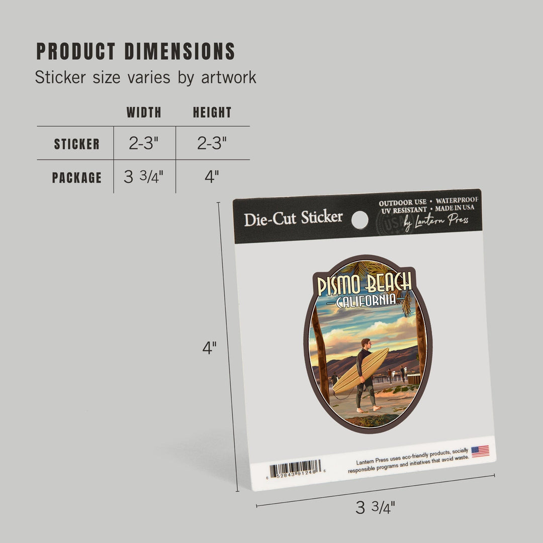 Pismo Beach, California, Surfer and Pier, Contour, Vinyl Sticker Sticker Lantern Press