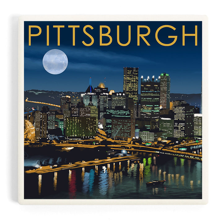 Pittsburgh, Pennsylvania, Skyline at Night, Coasters Coasters Lantern Press Coaster