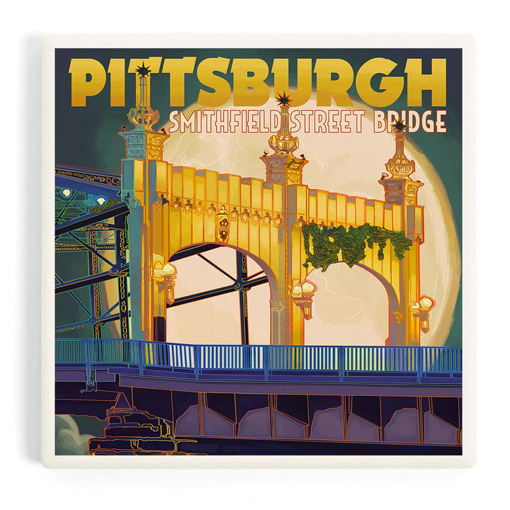 Pittsburgh, Pennsylvania, Smithfield St. Bridge and Moon, Coasters Coasters Lantern Press