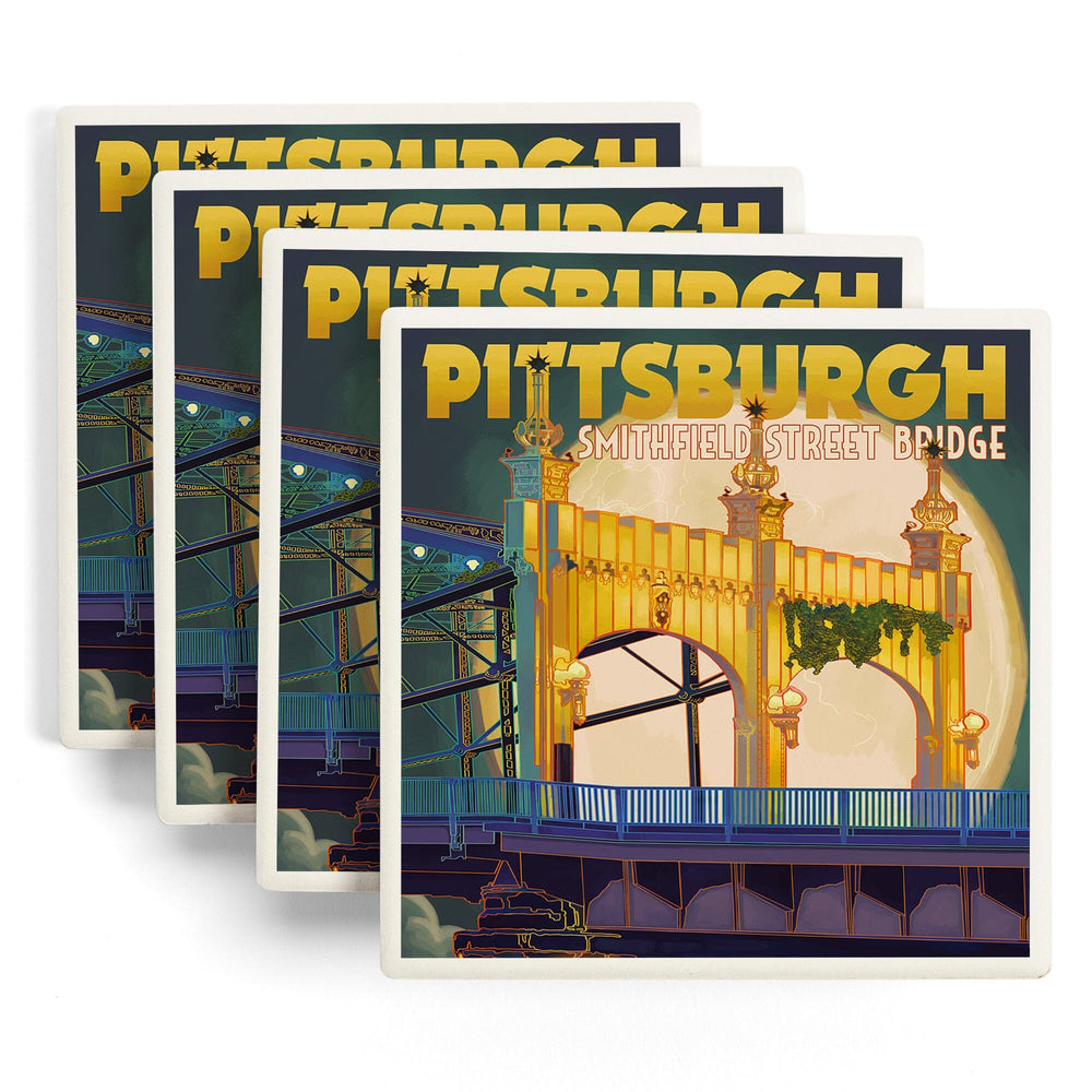 Pittsburgh, Pennsylvania, Smithfield St. Bridge and Moon, Coasters Coasters Lantern Press