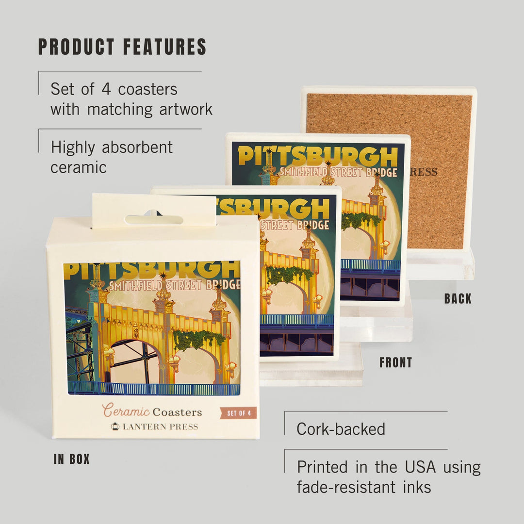 Pittsburgh, Pennsylvania, Smithfield St. Bridge and Moon, Coasters Coasters Lantern Press
